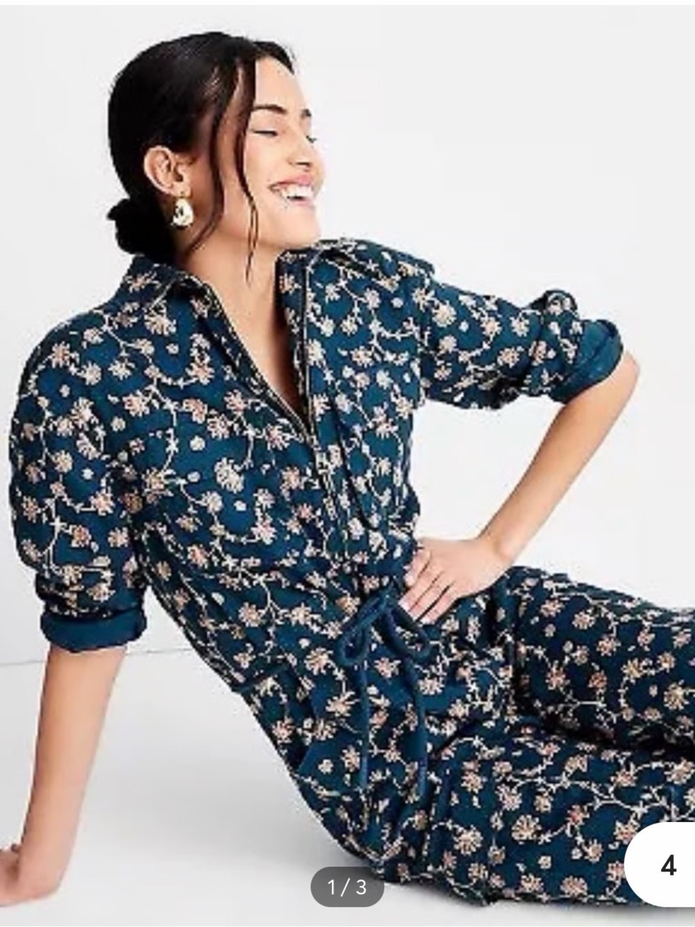 Boilersuit / Jumpsuit w/ Rope Drawstring, 7 Pockets ~ Teal w/ Small Pink Flowers - Picture 9 of 11